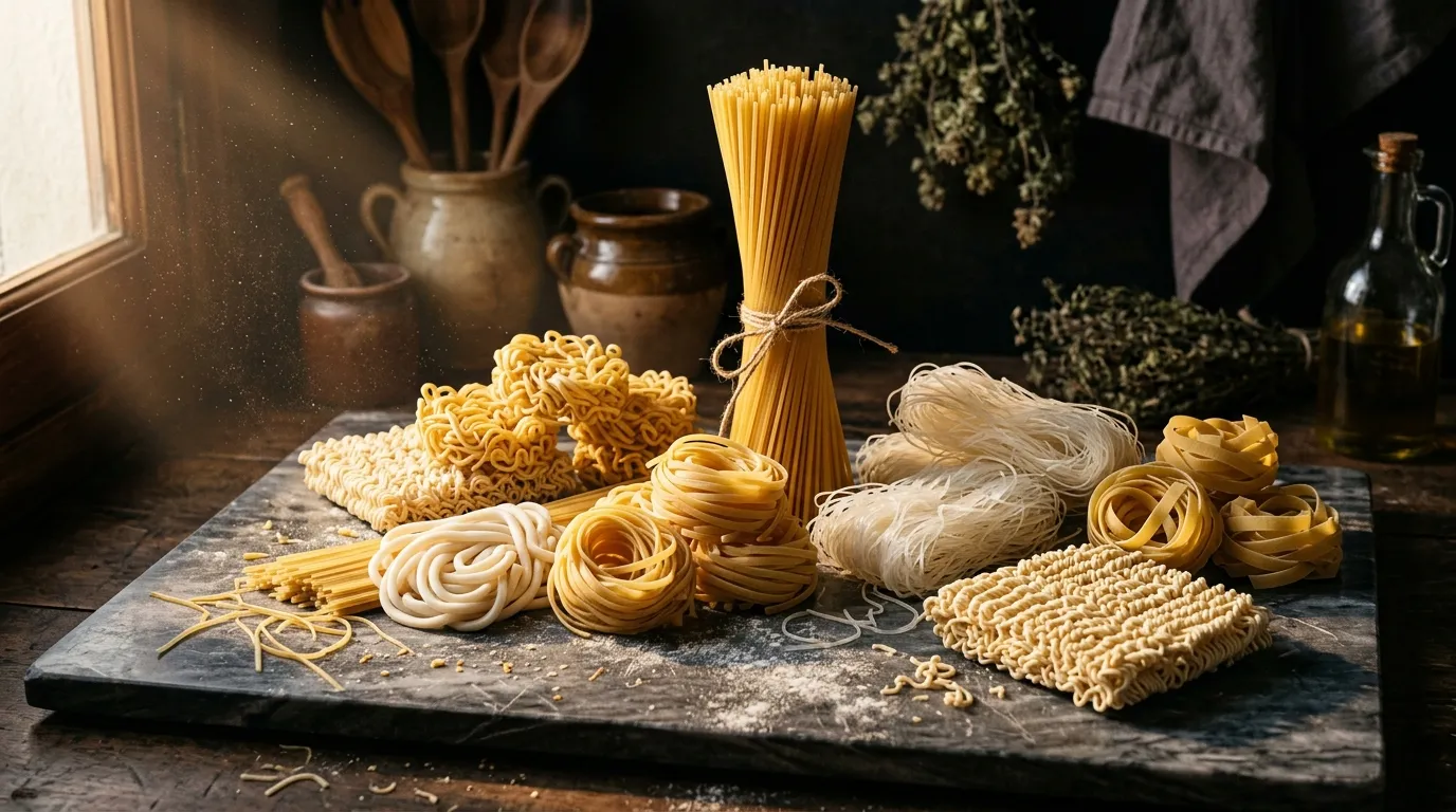 Various types of pasta and noodles for cooking