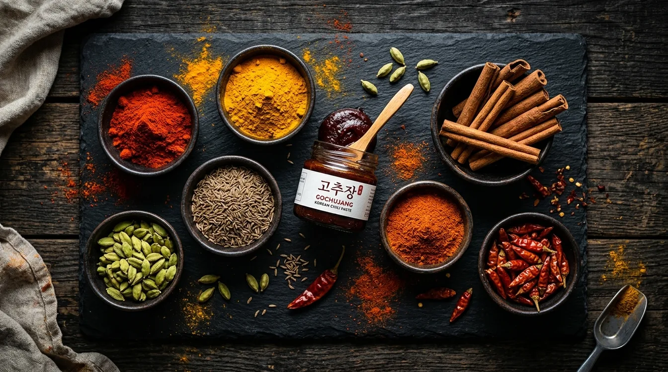 Various chillies and spices for cooking